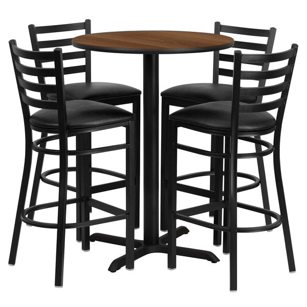 Walnut Bar Table, X-Base w/Blk Seats, 30