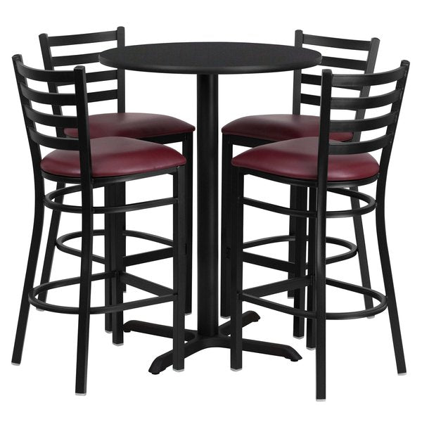 Black Bar Table, X-Base w/Burgundy Seats, 30