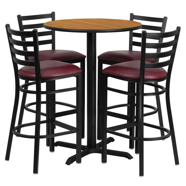 Natural Bar Table, X-Base w/Burgndy Seats, 30