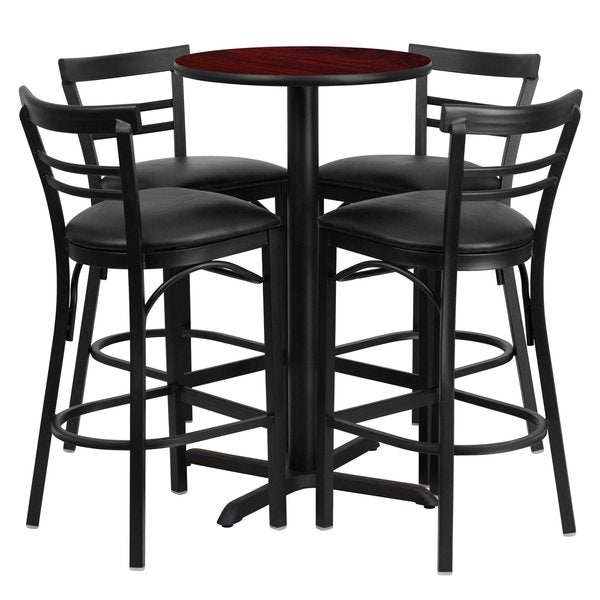 Mahogany Bar Table, X-Base, Blk Seats, 24
