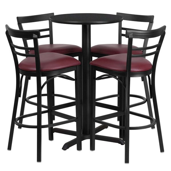 Blk Bar Table, Rnd Base, Burgundy Seat, 24