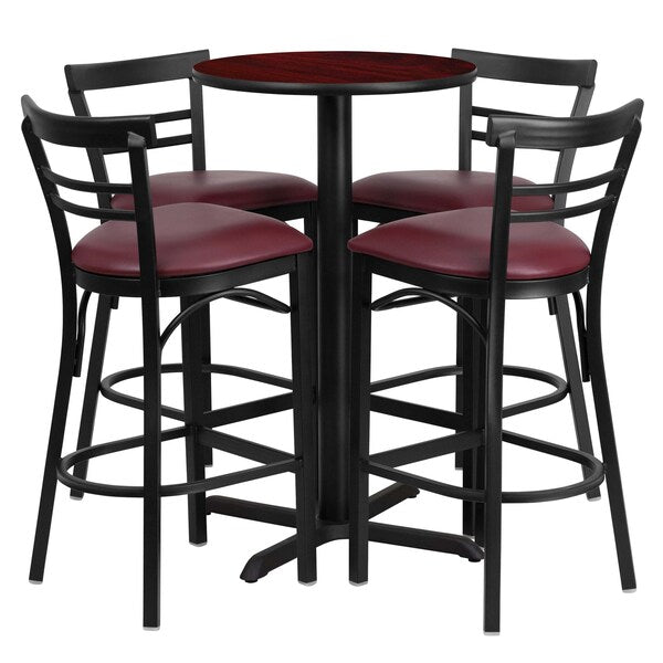 Mahogany Bar Table, X-Base, Burg Seats, 24