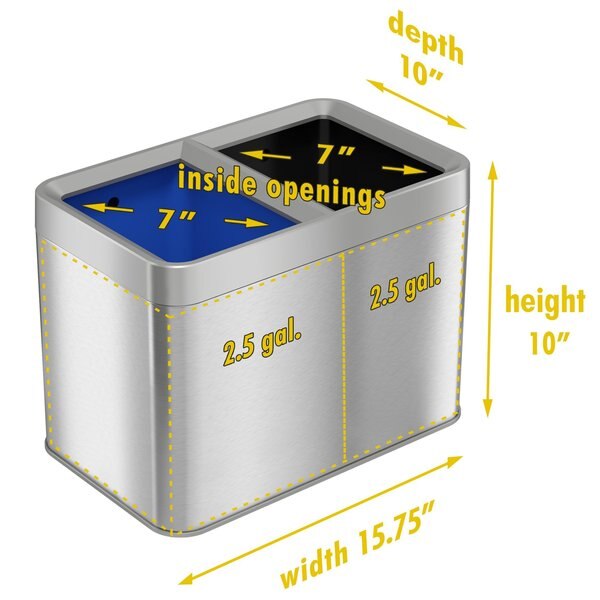 5 gal Rectangular Recycling Bin, Silver, Stainless Steel