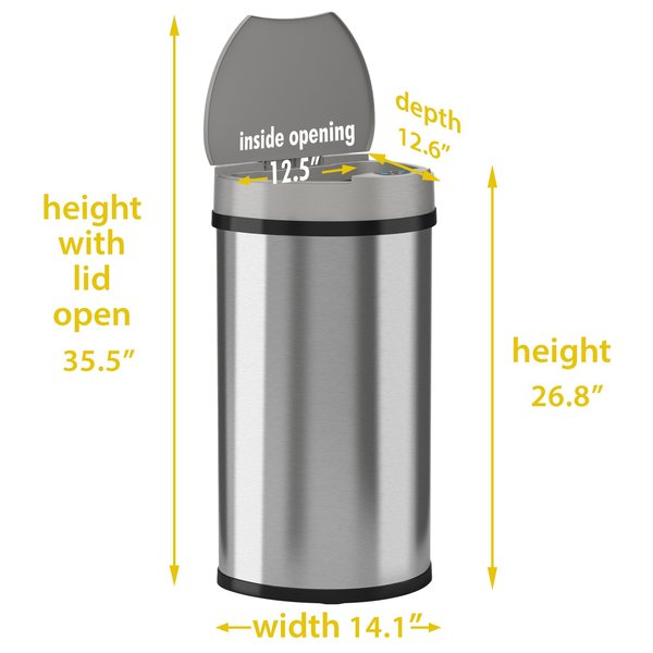13 gal Semicircular Trash Can, Silver, Stainless Steel