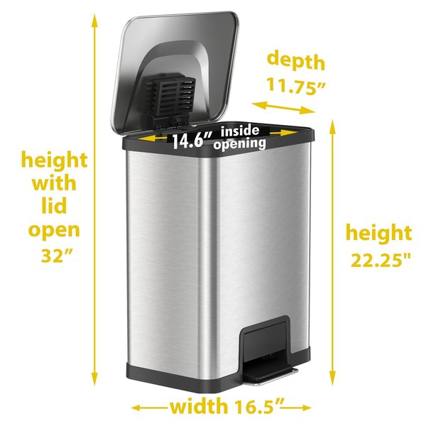 13 gal Rectangular Trash Can, Silver, Stainless Steel