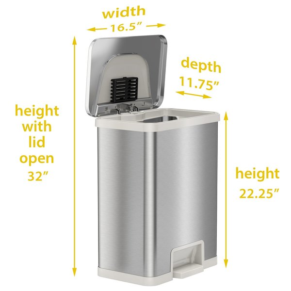 13 gal Rectangular Trash Can, Silver, Stainless Steel