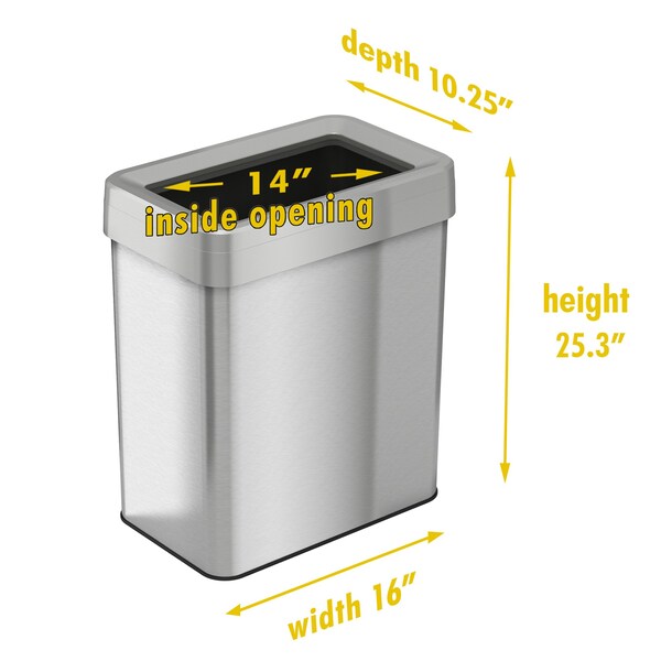 16 gal Rectangular Trash Can, Silver, Stainless Steel
