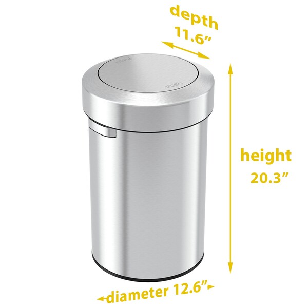 17 gal Round Round Swing Top Trash Can, Stainless Ste, Silver, Stainless Steel