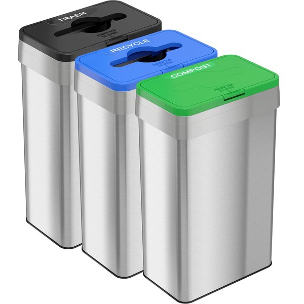 21 gal (each) Rectangular Recycle, Compost, And Trash Bins, Silver, Stainless Steel
