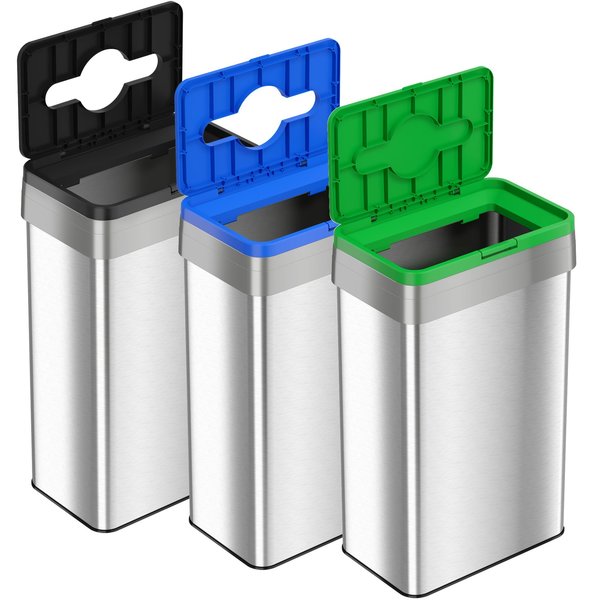 21 gal (each) Rectangular Recycle, Compost, And Trash Bins, Silver, Stainless Steel