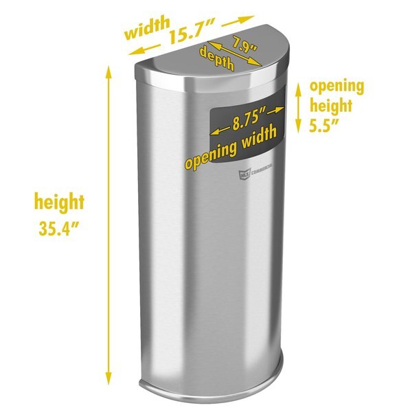 9 gal Half-Round Trash Can, Silver, Stainless Steel