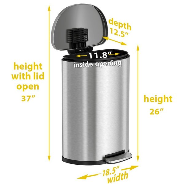 13 gal Round Trash Can, Silver, Stainless Steel