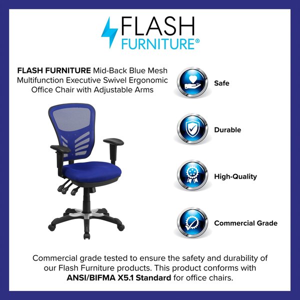 Executive Chair, Mesh, 23- Height, Adjustable Padded, Blue