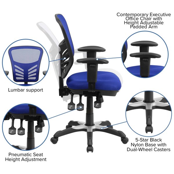 Executive Chair, Mesh, 23- Height, Adjustable Padded, Blue