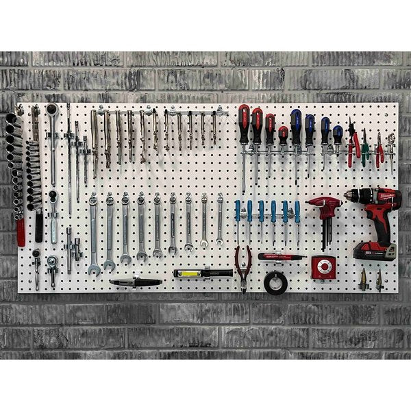 24 In. W x 48 In. H x 1/4 In. D White Heavy-Duty HDF Round Hole Pegboard 36 pc. Locking Hook Assortment