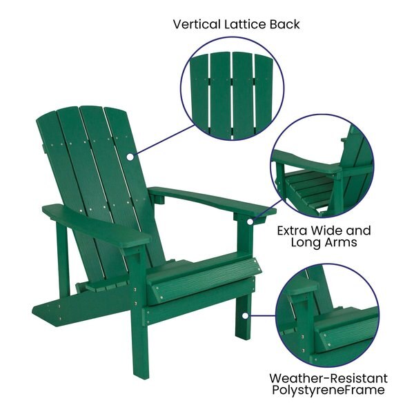 Green Charlestown Adirondack Chair, Green Wood, 29.5 W 35 H, Polystyrene, Stainless Steel Seat