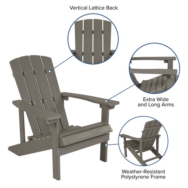 Gray Charlestown Adirondack Chair, Grey Wood, 29.5 W 35 H, Polystyrene, Stainless Steel Seat