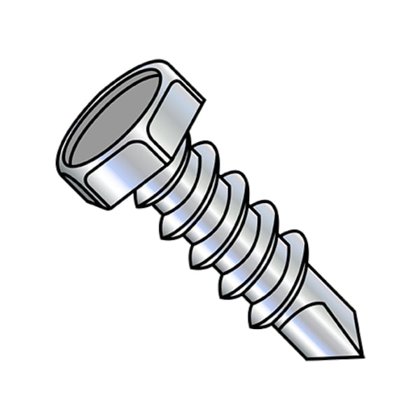 Self-Drilling Screw, #8-18 x 1/2 in, Zinc Plated Steel Hex Head Hex Drive, 10000 PK