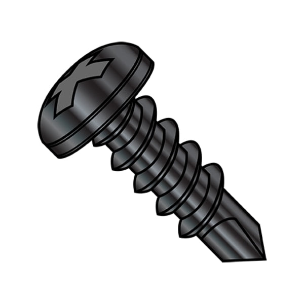 Self-Drilling Screw, #10-16 x 1-1/2 in, Black Zinc Plated Steel Pan Head Phillips Drive, 3000 PK