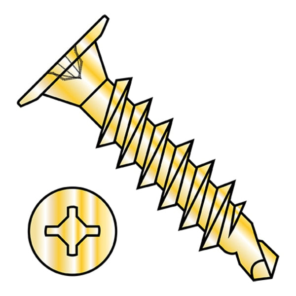 Self-Drilling Screw, #10-16 x 1-1/4 in, Zinc Yellow Plated Steel Wafer Head Square Drive, 2000 PK