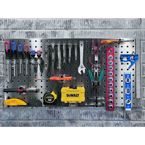 (2) 18 In. W x 36 In. Stainless Steel Square Hole Pegboards 32 pc. Stainless LocHook Assortment 3 Hanging Bins