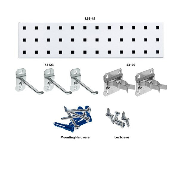 White Tool Pegboard Kit with (1) 18 In. x 4.5 In. 18-Gauge Steel Square Hole Pegboard 5 pc. LocHook Assortment