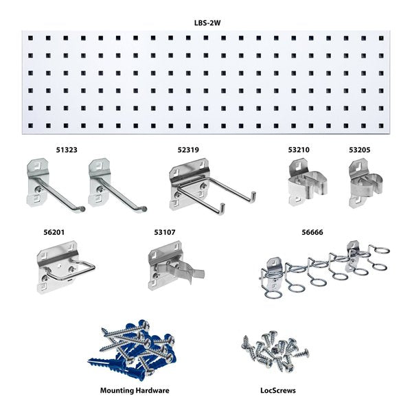 White Tool Storage Kit with (1) 31.5 In. x 9 In. 18-Gauge Steel Square Hole Pegboard 8 pc. LocHook Assortment