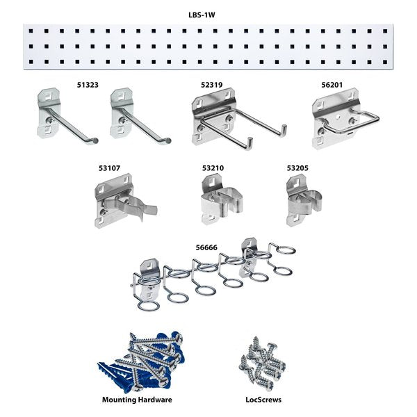 White Tool Pegboard Kit with (1) 36 In. x 4.5 In. 18-Gauge Steel Square Hole Pegboard 8 pc. LocHook Assortment