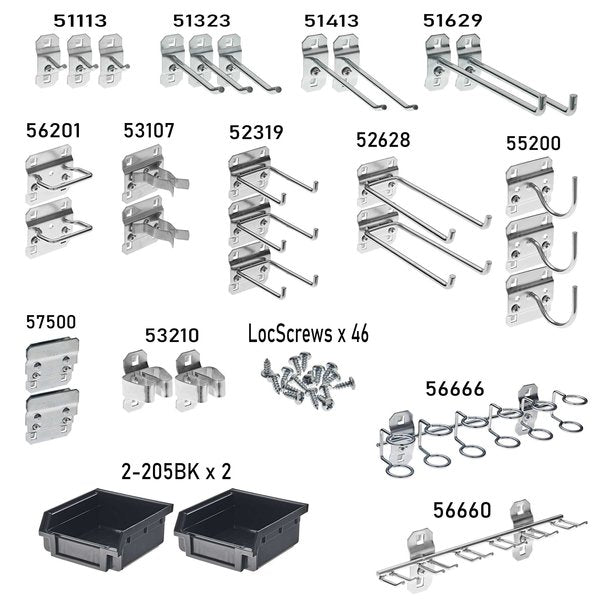 30 Pc. Steel Pegboard Hook & Bin Assortment for LocBoard (28 Asst Hooks & 2 Bins)