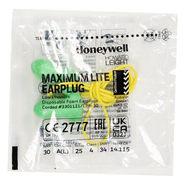 Max Lite Disposable Corded Earplugs, Foam, Contoured-T Shape, NRR 30 dB, Green/Yellow, 100 Pairs
