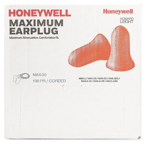Max-30 Disposable Corded Earplugs, Foam, Bell Shape, NRR 33 dB, Coral, 100 Pairs/Box