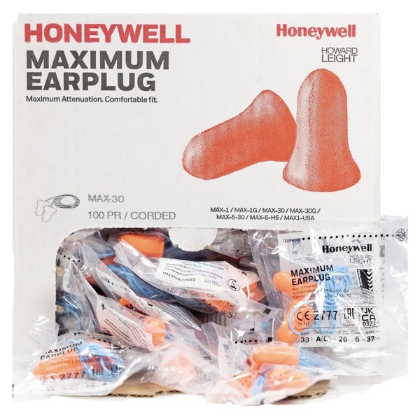 Max-30 Disposable Corded Earplugs, Foam, Bell Shape, NRR 33 dB, Coral, 100 Pairs/Box