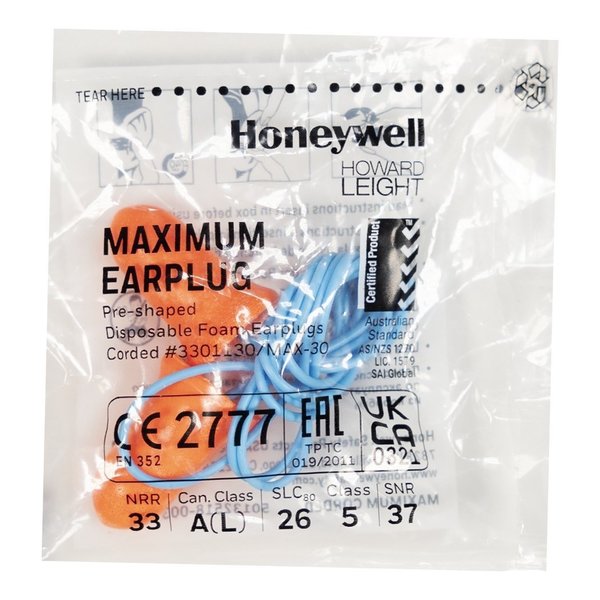 Max-30 Disposable Corded Earplugs, Foam, Bell Shape, NRR 33 dB, Coral, 100 Pairs/Box