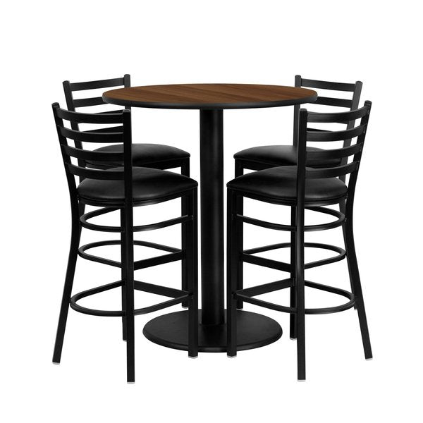 Walnut Bar Table, Round w/Black Seats, 36