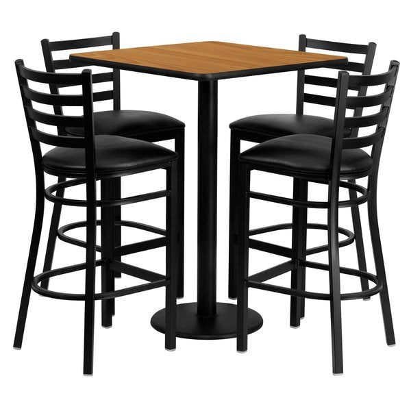 Natural Bar Table, Square w/Blk Seats, 30