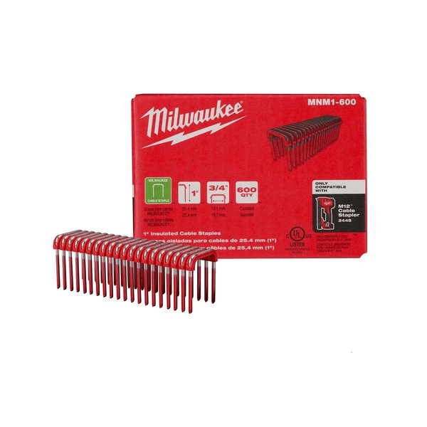 Insulated Cable Staples for M12 Cable Stapler, 1 in Ht, 3/4 in Wd, 14 ga, Steel, 600 PK