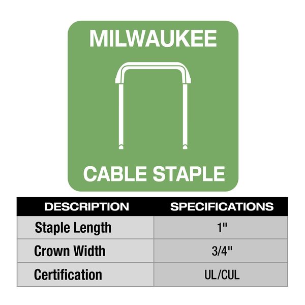 Insulated Cable Staples for M12 Cable Stapler, 1 in Ht, 3/4 in Wd, 14 ga, Steel, 600 PK