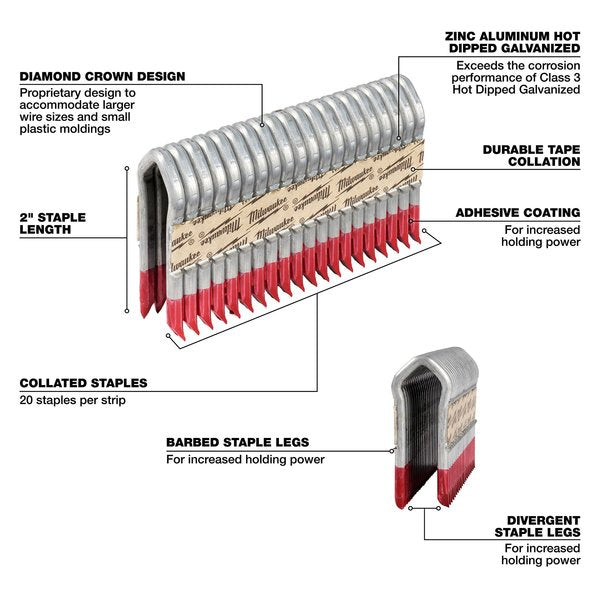 Cable Staples, 9 ga, Diamond Crown, 2 in Leg L, Aluminum, 960 PK