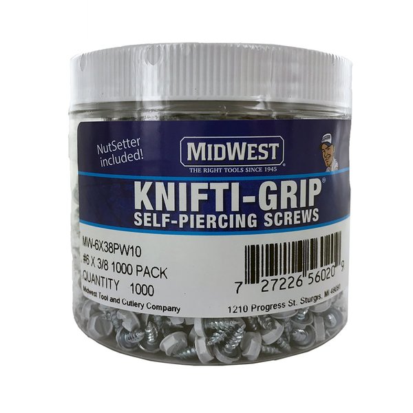 Self-Drilling Screw, #6 x 3/8 in, Zinc Plated Steel Hex Head Hex Drive