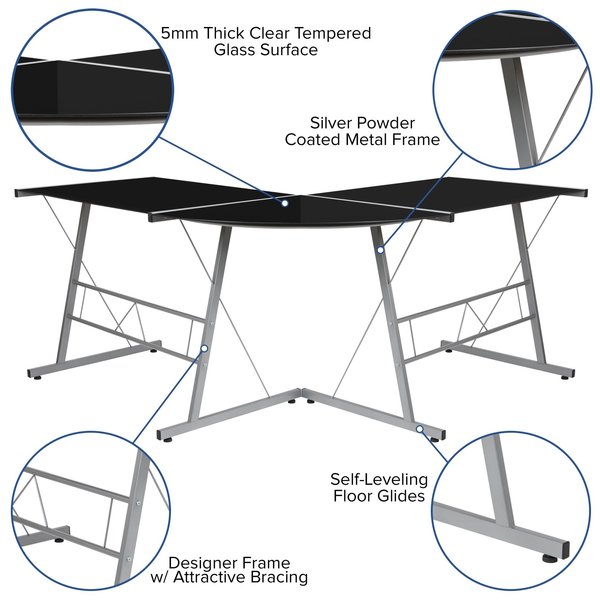 Black Glass L-Shape Corner Computer Desk