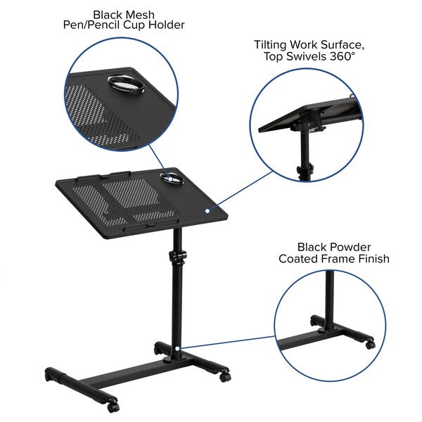 Adjustable Height Steel Mobile Computer Desk, 17 1/2 in D, 22 1/2 in W, Black