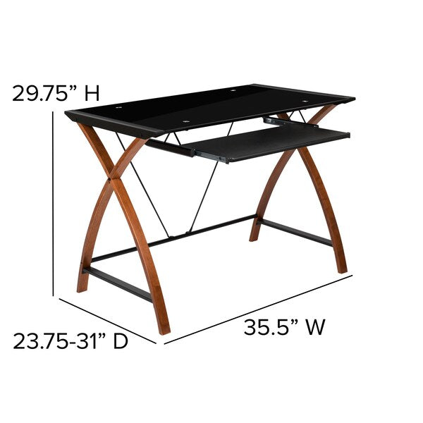 Computer Desk; Black Glass Top, Pull-Out Tray