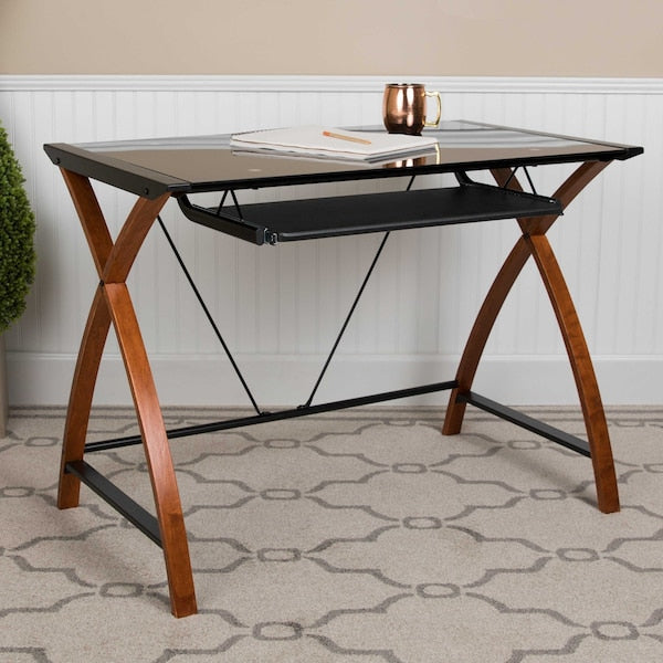 Computer Desk; Black Glass Top, Pull-Out Tray
