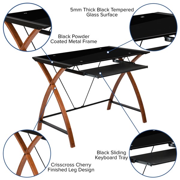 Computer Desk; Black Glass Top, Pull-Out Tray