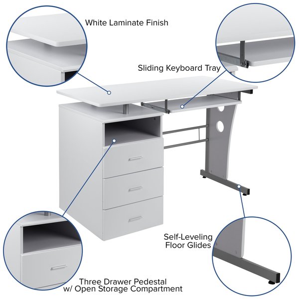 White Desk with Three Drawer Pedestal an