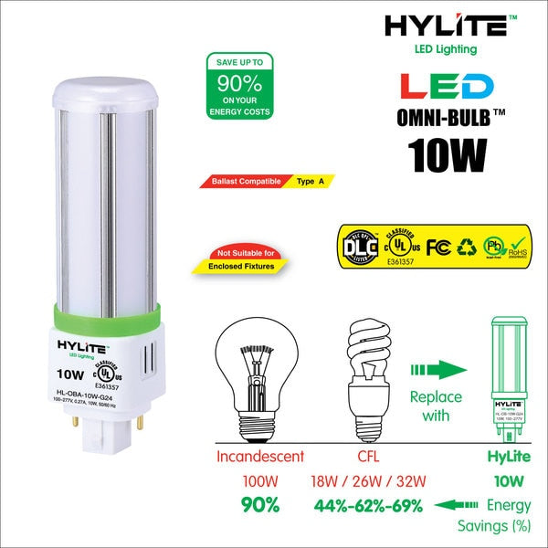 LED Omni Repl Lamp for 18W/26W/32W CFL, 10W, 750 Lumens, 5000K, G24