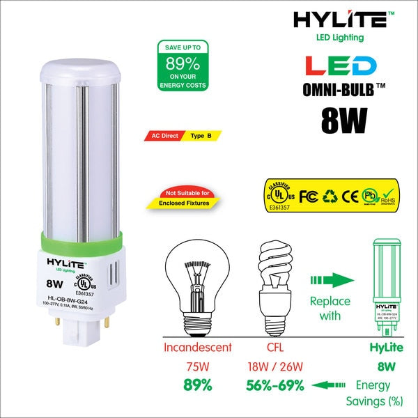 LED Omni Repl Lamp for 18W/26W CFL, 8W, 898 Lumens, 5000K, G24