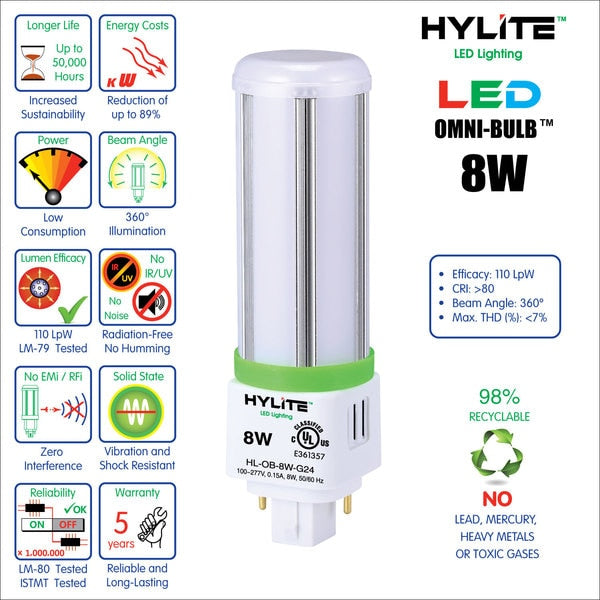 LED Omni Repl Lamp for 18W/26W CFL, 8W, 898 Lumens, 5000K, G24