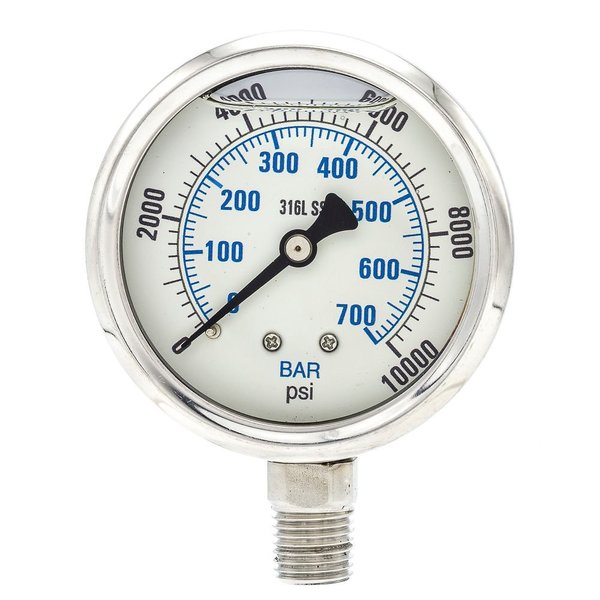 Pressure Gauge, 0 to 10,000 psi, 1/4 in MNPT, Stainless Steel, Silver