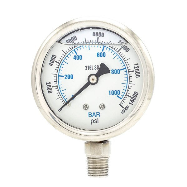 Pressure Gauge, 0 to 15,000 psi, 1/4 in MNPT, Stainless Steel, Silver